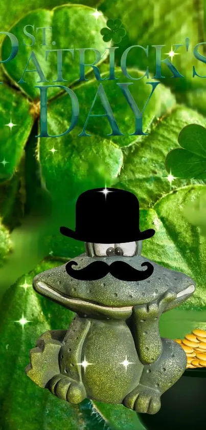 St. Patrick's Day frog with hat, clovers, and gold.