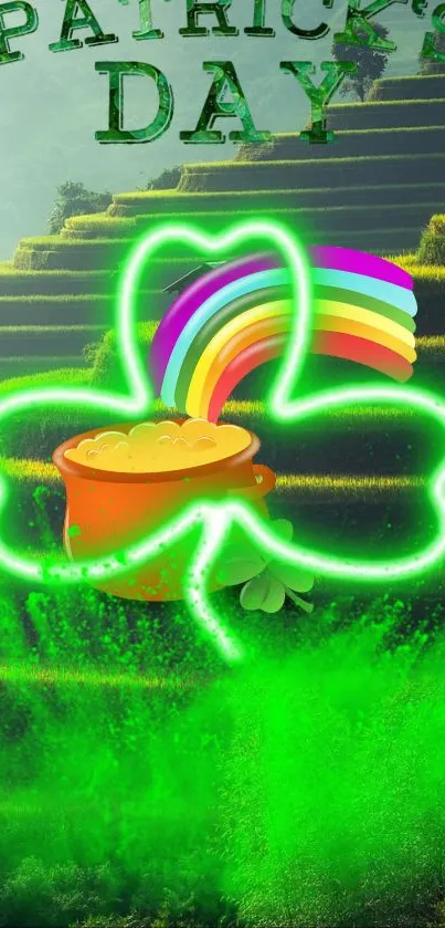 Neon shamrock with rainbow and pot of gold on green terraces wallpaper.