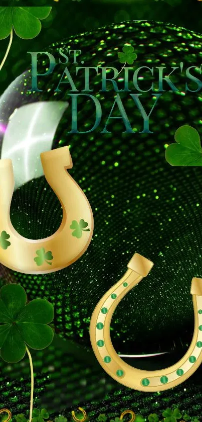 St. Patrick's Day wallpaper with horseshoes and shamrocks on a green background.