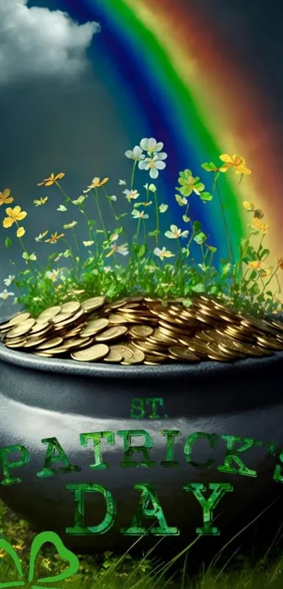 St. Patrick's Day wallpaper with rainbow and pot of gold.