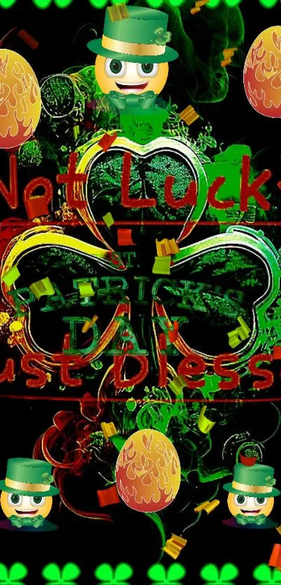 St. Patrick's Day themed wallpaper with shamrock and leprechauns.