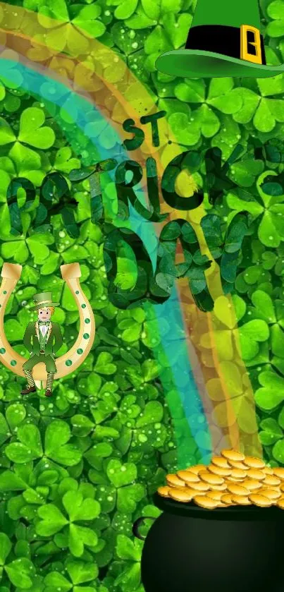 St. Patrick's Day wallpaper with shamrocks, leprechaun hat, and rainbow.