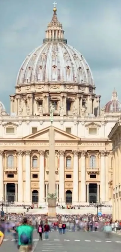 View of St. Peter's Basilica with vibrant streets and classic architecture.