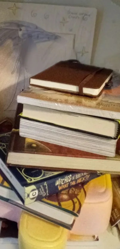 Stack of books creating a cozy and literary aesthetic on a shelf.