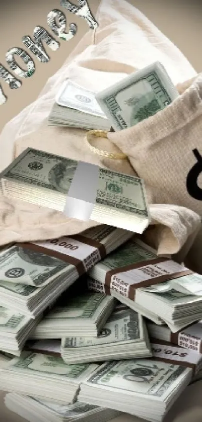 Mobile wallpaper of cash overflowing from a money bag, symbolizing wealth and success.