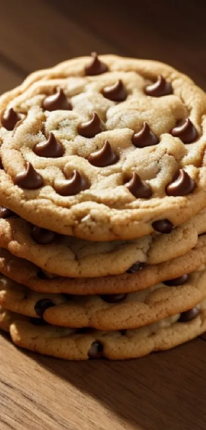 Stack of chocolate chip cookies on a wooden surface.