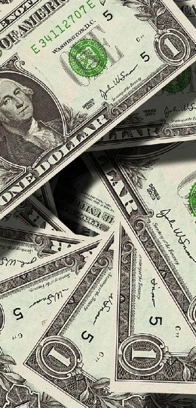 Stack of one-dollar bills overlapping artistically.