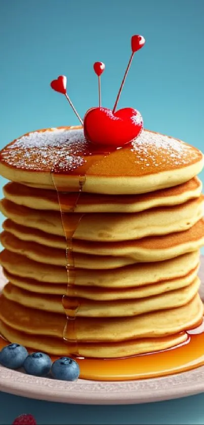 Stack of pancakes with syrup, berries, and heart decorations on a light blue background.