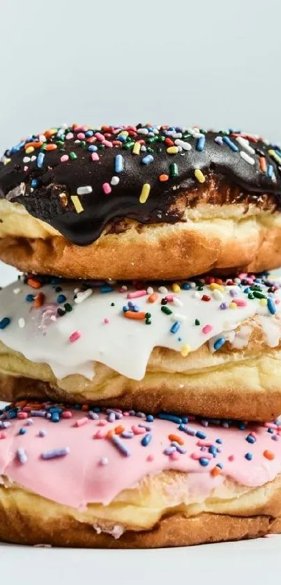 A vibrant image of stacked donuts with colorful icing and sprinkles.