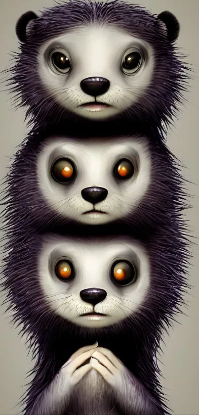 Artistic illustration of three stacked ferrets with expressive faces.