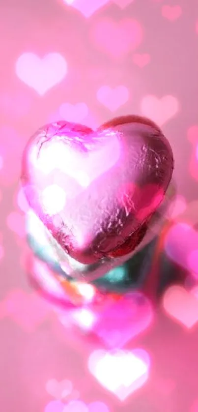 Pink heart-shaped chocolates stacked on a pink background.