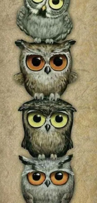 Adorable stacked owl design in earthy tones, perfect for mobile wallpaper.