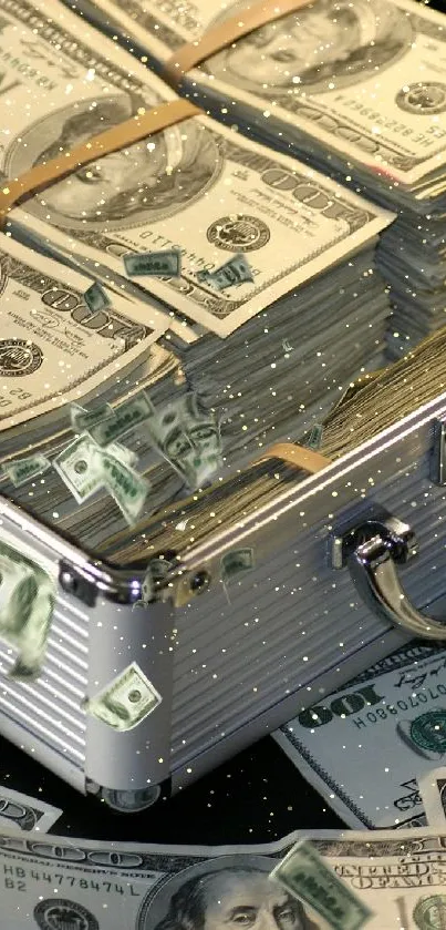 Briefcase filled with stacks of US cash on a table.