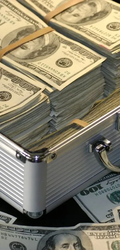 Stacks of cash in an open metal case on a black surface.