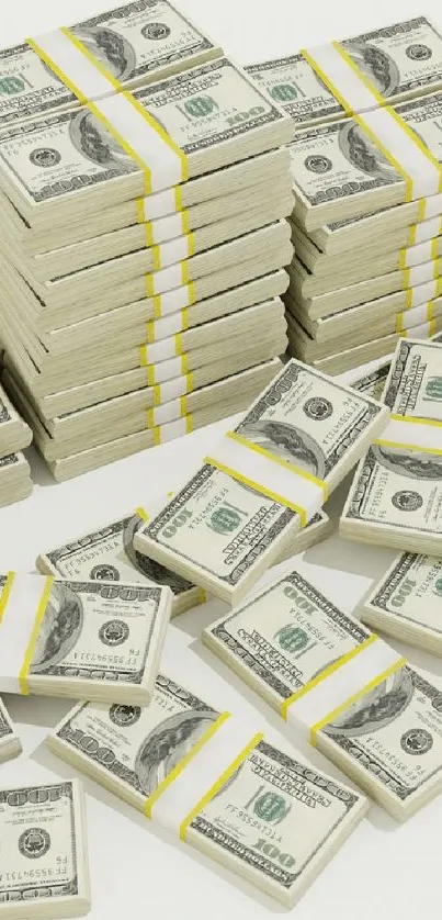 Mobile wallpaper with stacks of cash and dollar bills on a light background.