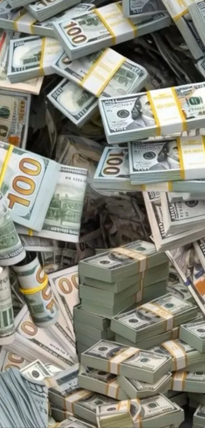 Mobile wallpaper with piles of US dollar bills.