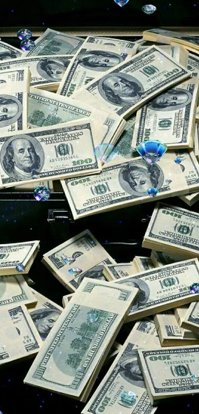Wallpaper with stacks of US dollar bills in a suitcase.