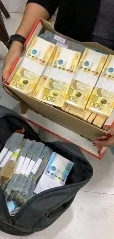 Stacks of euro notes in box and bag, financial theme wallpaper.