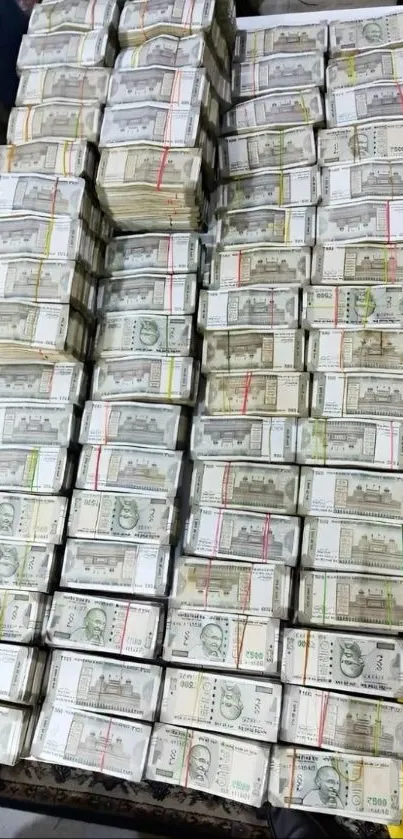Neatly stacked currency notes showcasing wealth.