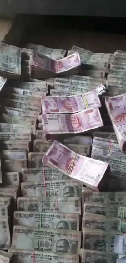 Stacks of various currency notes arranged neatly in piles.