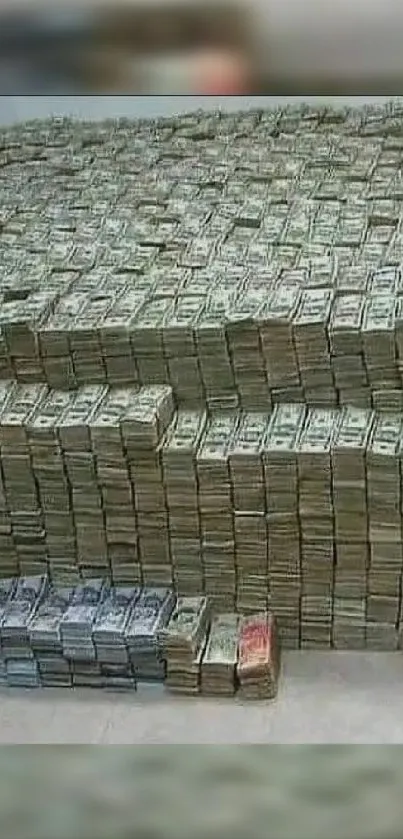 Wallpaper with stacks of US dollar bills symbolizing wealth.