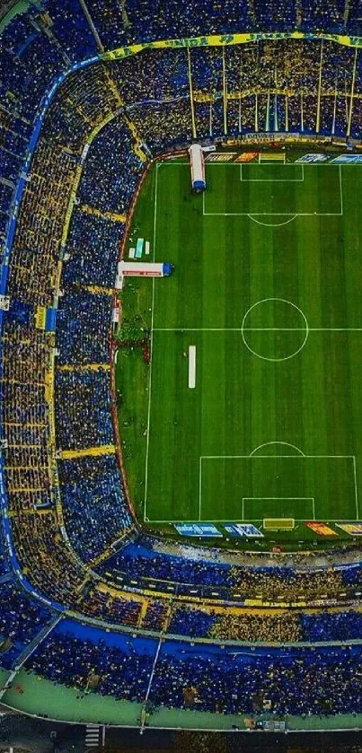 Aerial view of a packed stadium with green field.