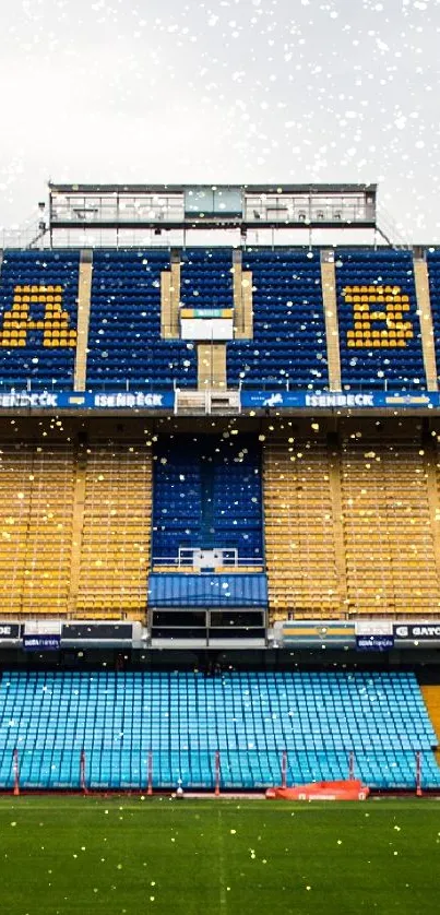 A vibrant stadium with blue and yellow bleachers in a wide view.