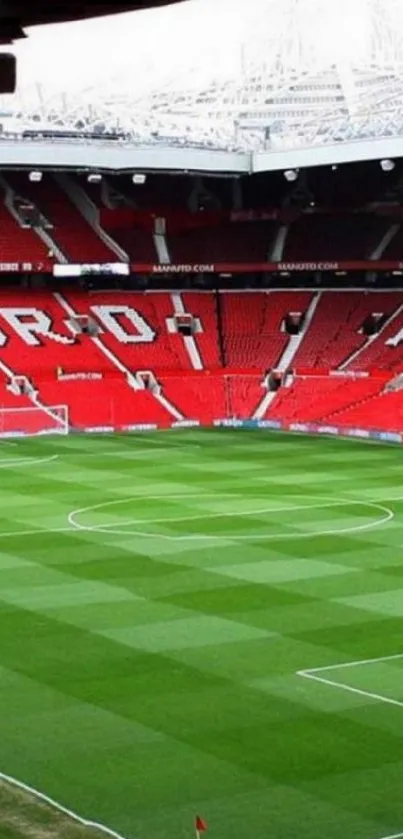 Vibrant stadium field with lush grass and iconic red seats, ideal for mobile wallpaper.