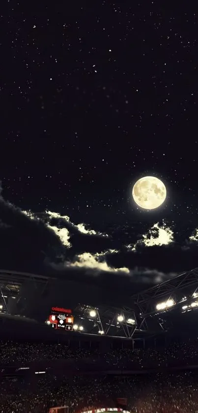 Stunning night sky with a stadium, full moon, and stars.