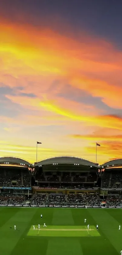 Stunning sunset over a cricket stadium during a match with vibrant orange skies.