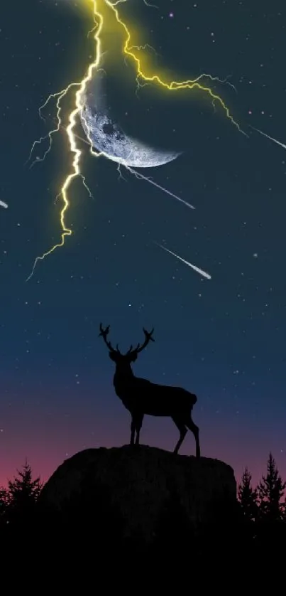 Stag silhouette under vibrant lightning sky.