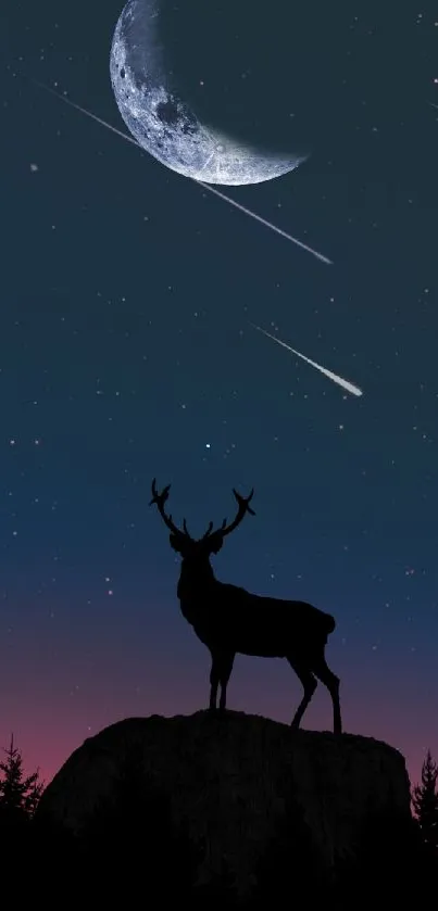 Stag silhouette with moon and shooting stars in a night sky wallpaper.