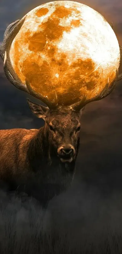 Majestic stag with glowing full moon behind, set against a dark smoky landscape.