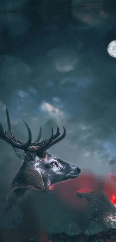 Majestic stag basking in a mystical moonlit landscape at night.