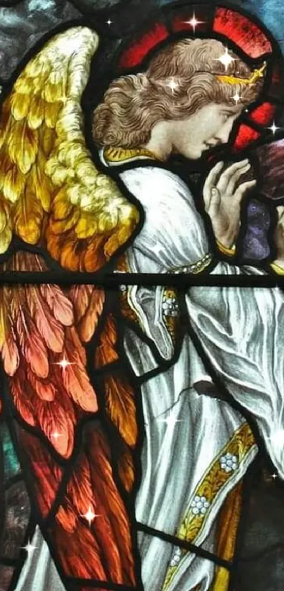 Vibrant stained glass artwork featuring an angel with colorful wings and halo.