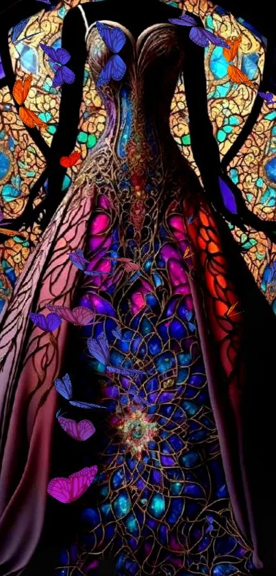 Intricate stained glass dress with colorful butterflies.