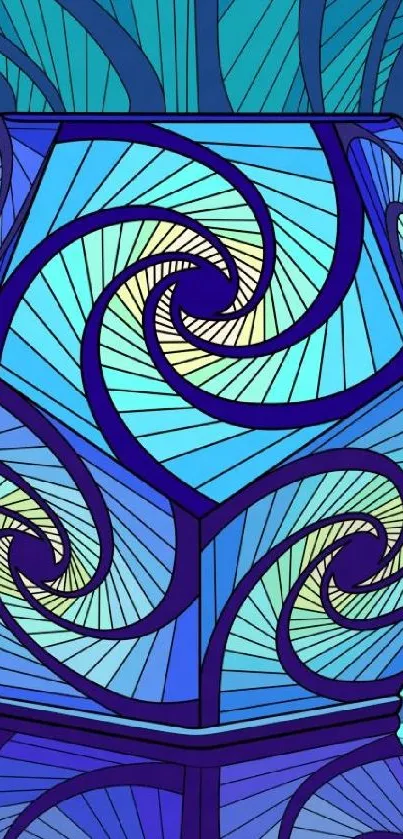 Stained glass art with intricate blue patterns and a butterfly accent.