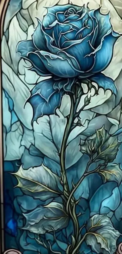 Stained glass art featuring a blue rose.