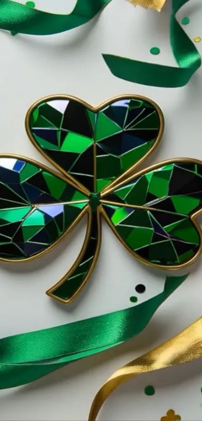 Stained glass shamrock with gold ribbons.