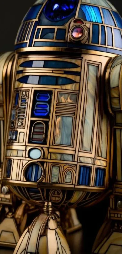 Stained glass droid with intricate details in gold and blue hues.