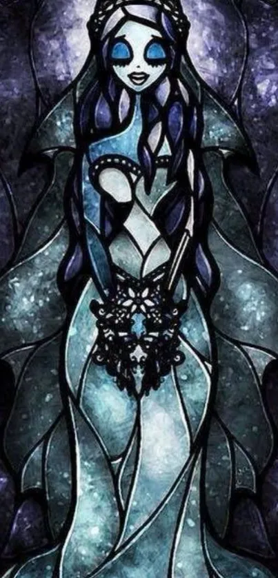 Gothic stained glass bride in purple and blue hues.