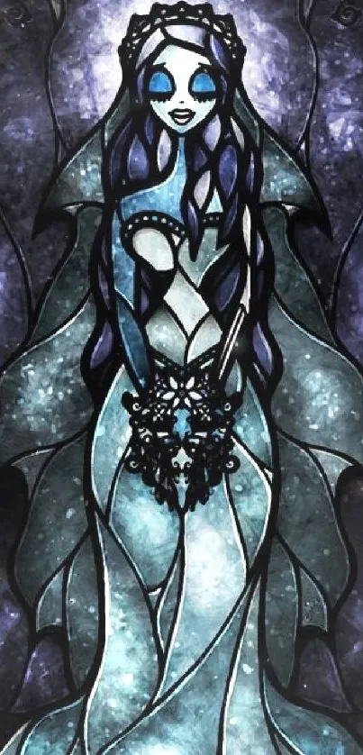 Gothic stained glass bride in blue hues.