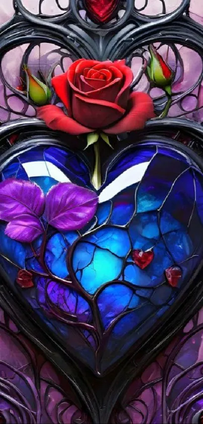 Artistic stained glass heart with rose.