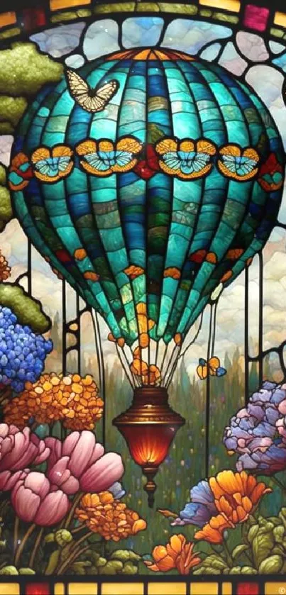 Stained glass hot air balloon with flowers and butterflies.