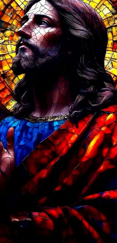 Vibrant stained glass art depicting Jesus Christ in vivid colors.