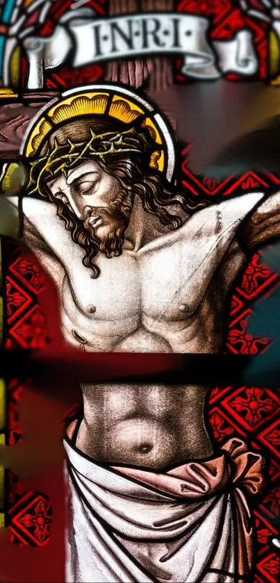 Stained glass art of Jesus on the cross with vibrant red background.