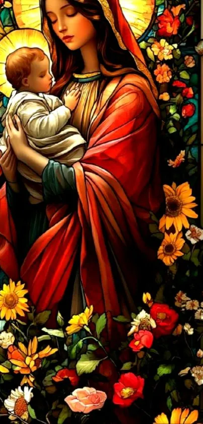 Stained glass art of mother and child with flowers.