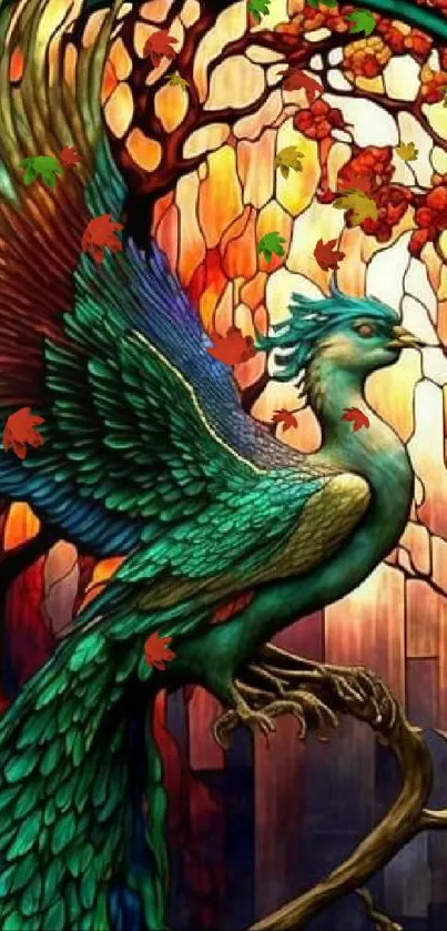 Stained glass phoenix with vibrant teal feathers and intricate design.