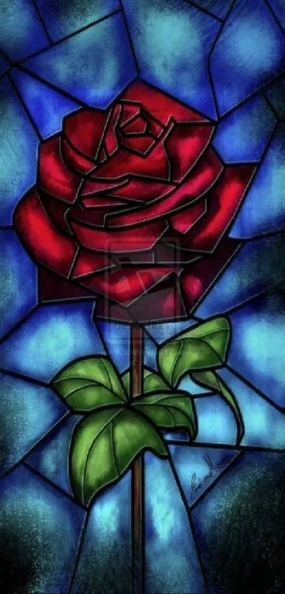 Stained glass art featuring a red rose with blue and green accents.