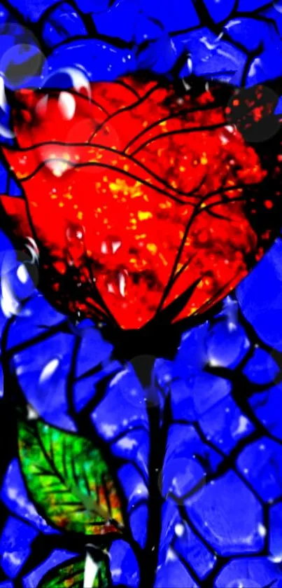 Colorful stained glass rose with a blue background.